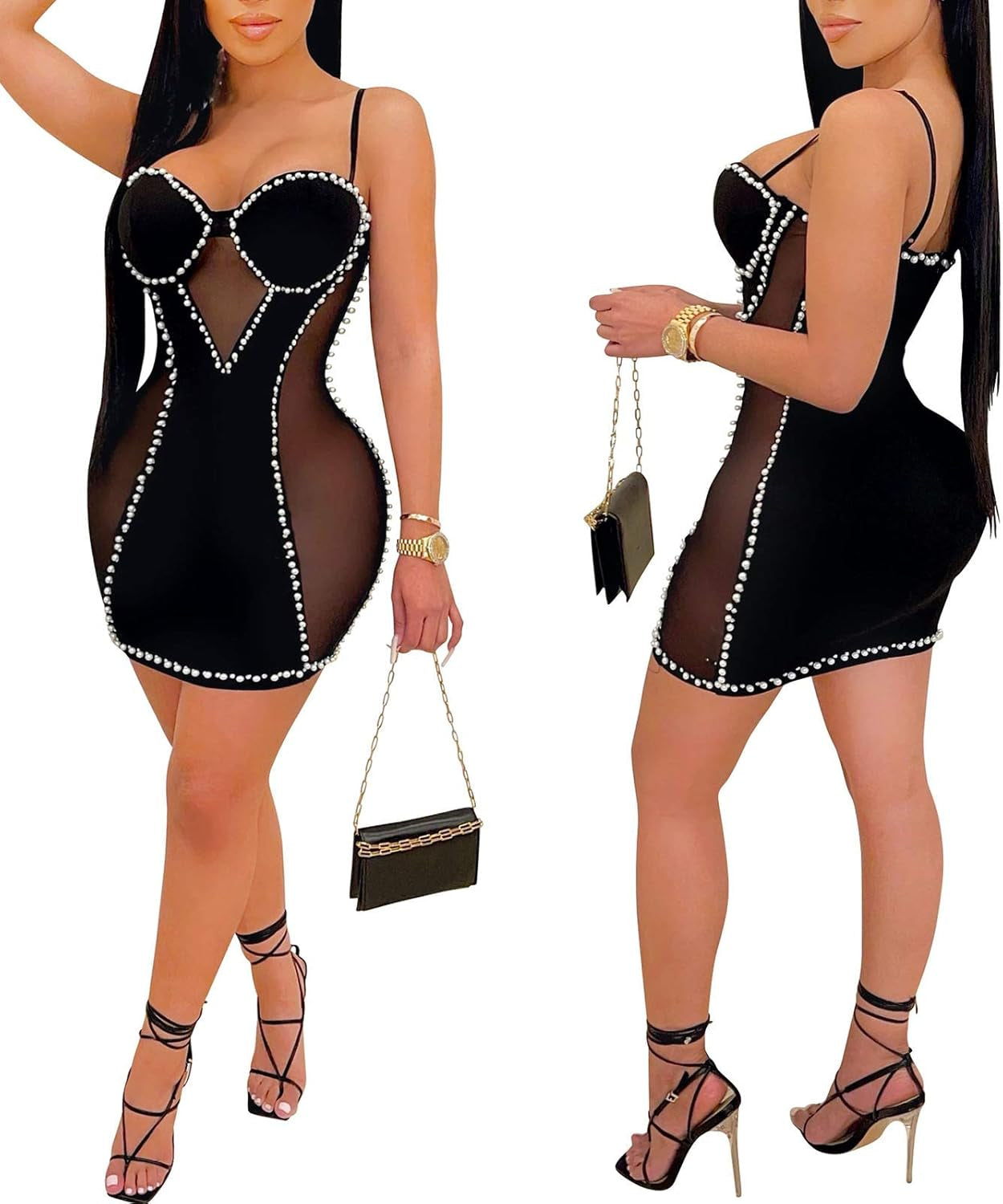 Women Sequin Mini Dress - Sexy Halter Spagetti Straps V Neck Bandage Hollow Out Bodycon Club Party Dresses Clubwear