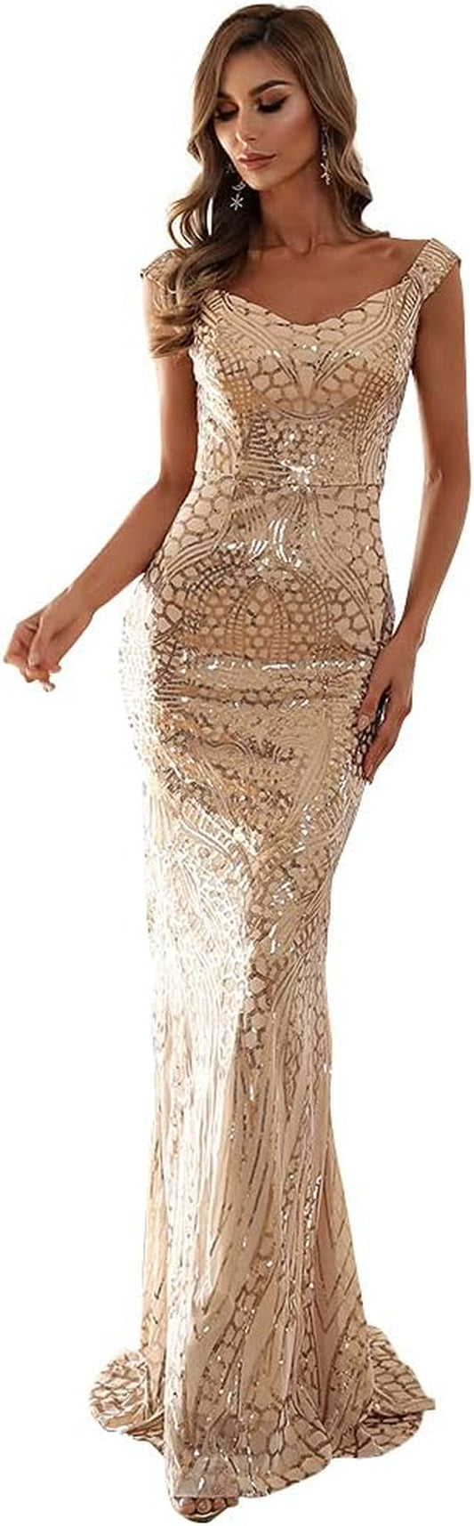 Women'S Maxi Formal off Shoulder Sequin Dress, Backless Sleeveless Slim Fit Mermaid Evening Party Gowns