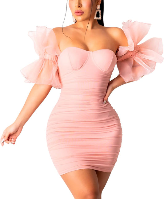 Sexy Bodycon Dress for Women, Puff Sleeve Mesh Cocktail Dresses