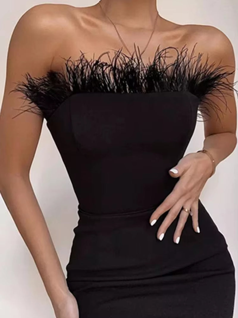 New Summer Sexy Strapless Backless Feather Black Midi Women Bodycon Bandage Dress 2023 Designer Fashion Party Club Dress Vestido