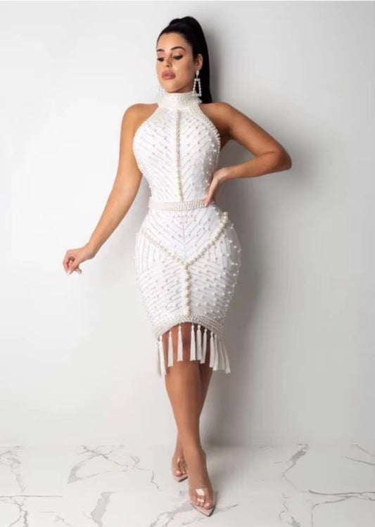 High Quality Dress Women Celebrity White Black Tassel Beading Sexy Rayon Bandage Bodycon Cocktail Party Dress Vestido Harajuku